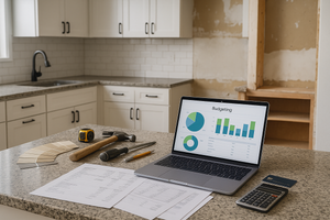 7 Steps for Planning and Budgeting Your Kitchen Remodel.  Laptop screen open in the kitchen showing a screen of budgeting charts