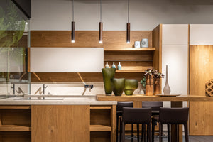Unveiling 2024's Kitchen Trends: Smart Appliances, Natural Materials, wood accents, earth tones, two tone cabinets, open shelves 