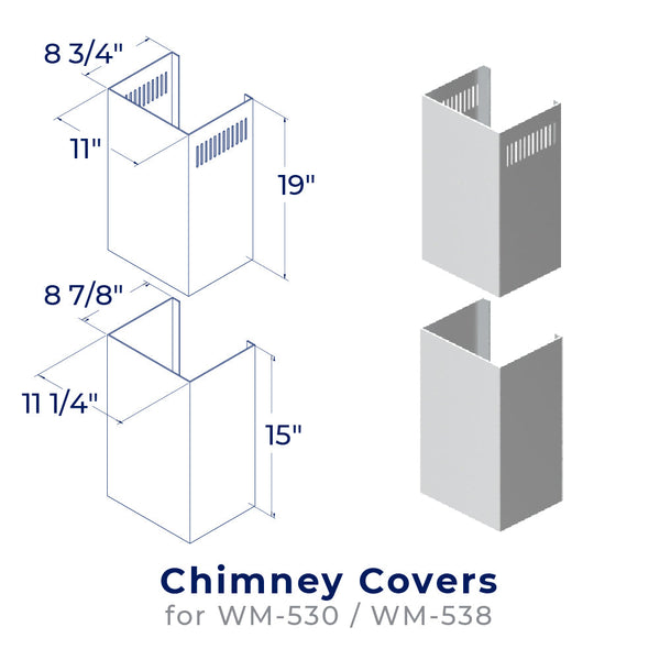 accessibilityContent = "Dimension photo of CHK001 Chimney Cover Kit for WM-530/WM-538. First piece - Width: 11 inches, Depth: 8-3/4 inches, Height: 19 inches. Second piece - Width: 11-1/4 inches, Depth: 8-7/8 inches, Height: 15 inches"