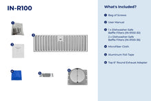 Load image into Gallery viewer, filterConfiguration = {
colors: ['Stainless Steel'],
sizes: ['30', '36']
}

accessibilityContent = 'Photo of IN-R100 inclusions. What's Included?: Bag of Screws, User Manual, x1 Dishwasher-Safe Baffle Filter (30-inch)/x2 Dishwasher-Safe Baffle Filters (36-inch), Microfiber Cloth, Aluminum Foil Tape, Top 6" Round Exhaust Adapter'