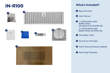 Load image into Gallery viewer, filterConfiguration = {
colors: ['Stainless Steel'],
sizes: ['30', '36']
}

accessibilityContent = 'Photo of IN-R100 inclusions. What's Included?: Bag of Screws, User Manual, x1 Dishwasher-Safe Baffle Filter (24-inch, 30-inch)/x2 Dishwasher-Safe Baffle Filters (36-inch), Microfiber Cloth, Aluminum Foil Tape, Top 6" Round Exhaust Adapter, Mounting Template'