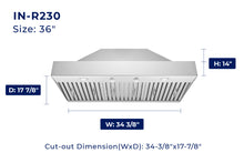 Load image into Gallery viewer, accessibilityContent = &quot;Dimension photo of IN-R230 36-inch model. Width: 34-3/8 inches, Depth: 17-7/8 inches, Height: 14 inches

Cut-out Dimension (WxD): 34-3/8 inches x 17-7/8 inches&quot;

filterConfiguration = {
colors: [&#39;Stainless Steel&#39;],
sizes: [&#39;36&#39;]
}
