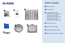 Load image into Gallery viewer, filterConfiguration = {
colors: ['Stainless Steel'],
sizes: ['34', '40', '46']
}

accessibilityContent = 'Photo of IN-R300 inclusions. What's Included?: Bag of Screws, User Manual, x4 Dishwasher-Safe Baffle Filters (34-inch)/x6 Dishwasher-Safe Baffle Filters (40-inch/46-inch), Microfiber Cloth, Aluminum Foil Tape, Flexible Aluminum Duct, Top 6" Round Exhaust Adapter'
