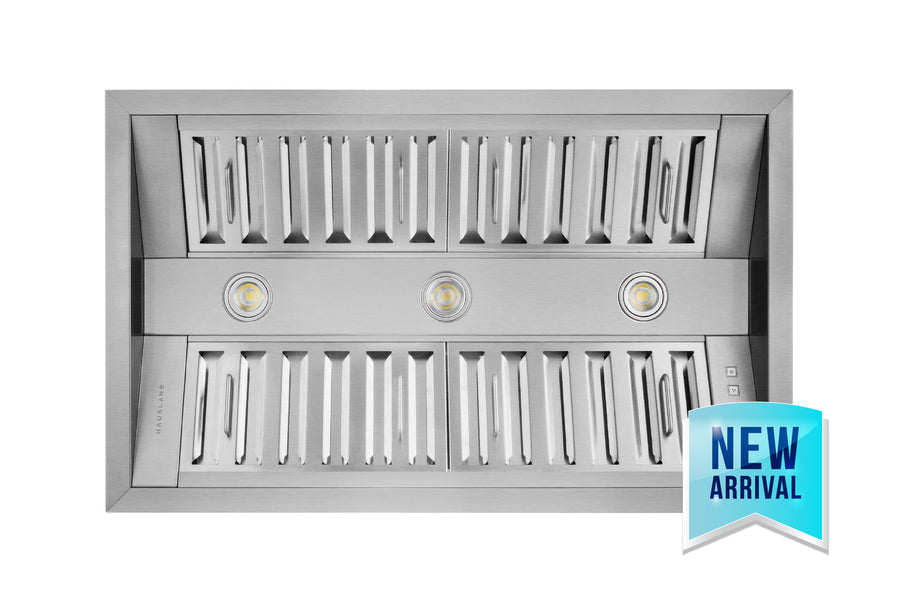 Hauslane | Pro-Style 34” IN-R300 Built-In Range Hood, 21” Deep | Low Noise Performance | Contemporary Design, Full-Size Handles, Professional-Grade Baffle Filters & Grease Tray, LED Lamps, Stainless Steel