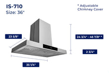 Load image into Gallery viewer, color: Stainless Steel; size: 36;

accessibilityContent = "Photo of IS-710 30-inch model. Width: 35-1/4 inches, Depth: 23-5/8 inches, Height of bottom section: 2-3/4 inches, Height of chimney with adjustable cover: 24-3/4 to 46-7/8 inches"