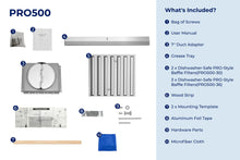 Load image into Gallery viewer, filterConfiguration = {
colors: ['Stainless Steel'],
sizes: ['30', '36']
}

accessibilityContent = 'Photo of PRO500 inclusions. What's Included?: Bag of Screws, User Manual, 7" Duct Adapter, Grease Tray, x2 Dishwasher-Safe PRO-Style Baffle Filters (30-inch)/x3 Dishwasher-Safe PRO-Style Baffle Filters (36-inch), Wood Strip, x2 Mounting Template, Aluminum Foil Tape, Hardware Parts, Microfiber Cloth'