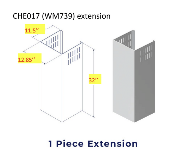 accessibilityContent = "Dimension photo of CHE017 Chimney Extension for WM-739. Width: 12.85 inches, Depth: 11.5 inches, Height: 32 inches."