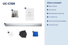 Load image into Gallery viewer, filterConfiguration = {
colors: ['Stainless Steel'],
sizes: ['30']
}

accessibilityContent = 'Photo of UC-C100 inclusions. What's Included?: Bag of Screws, User Manual, Stainless Steel Grease Tray, x2 Grease Cup, Top 6" Round Exhaust Adapter, Microfiber Cloth'