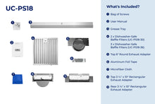 Load image into Gallery viewer, filterConfiguration = {
colors: ['Stainless Steel', 'Matte Black', 'Matte White', 'Black Stainless Steel'],
sizes: ['30', '36']
}

accessibilityContent = 'Photo of UC-PS18 inclusions. What's Included?: Bag of Screws, User Manual, Grease Tray, x2 Dishwasher-Safe Baffle Filters (30-inch)/x3 Dishwasher-Safe Baffle Filters (36-inch), Top 6" Round Exhaust Adapter, Aluminum Foil Tape, Microfiber Cloth, Top 3-1/4" x 10" Rectangular Exhaust Adapter, Rear 3-1/4" x 10" Rectangular Exhaust Adapter'