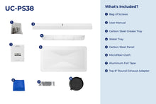 Load image into Gallery viewer, filterConfiguration = {
colors: ['Matte White'],
sizes: ['30']
}

accessibilityContent = 'Photo of UC-PS38 inclusions. What's Included?: Bag of Screws, User Manual, Stainless Steel Grease Tray, Water Tray, Stainless Steel Panel, Microfiber Cloth, Aluminum Foil Tape, Top 6" Round Exhaust Adapter'