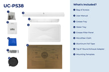 Load image into Gallery viewer, filterConfiguration = {
colors: ['Matte White'],
sizes: ['30']
}

accessibilityContent = 'Photo of UC-PS38 inclusions. What's Included?: Bag of Screws, User Manual, Grease Tray, Water Tray, Grease Filter Panel, Microfiber Cloth, Aluminum Foil Tape, Top 6" Round Exhaust Adapter, Mounting Template'