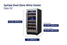 Load image into Gallery viewer, accessibilityContent = "Dimension photo of Sympa Dual Zone Wine Cooler 15-inch model. Width: 15 inches (380mm), Depth: 25-1/16 inches (636mm) with handle and 23-1/16 inches (586mm) without handle, Height: 33-3/8 inches (848mm)"
