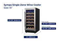 Cargar imagen en el visor de la galería, accessibilityContent = "Dimension photo of Sympa Single Zone Wine Cooler 15-inch model. Width: 15 inches (380mm), Depth: 25-1/16 inches (636mm) with handle and 23-1/16 inches (586mm) without handle, Height: 33-3/8 inches (848mm)"