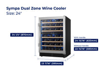 Load image into Gallery viewer, accessibilityContent = "Dimension photo of Sympa Dual Zone Wine Cooler 24-inch model. Width: 23-7/16 inches (595mm), Depth: 24-15/16 inches (633mm) with handle and 22-15/16 inches (583mm) without handle, Height: 34-1/4 inches (870mm)"
