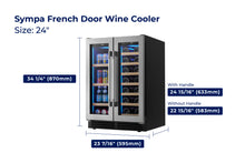Load image into Gallery viewer, accessibilityContent = "Dimension photo of Sympa French Door Wine Cooler 24-inch model. Width: 23-7/16 inches (595mm), Depth: 24-15/16 inches (633mm) with handle and 22-15/16 inches (583mm) without handle, Height: 34-1/4 inches (870mm)"