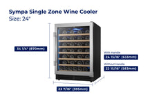 Load image into Gallery viewer, accessibilityContent = "Dimension photo of Sympa Single Zone Wine Cooler 24-inch model. Width: 23-7/16 inches (595mm), Depth: 24-15/16 inches (633mm) with handle and 22-15/16 inches (583mm) without handle, Height: 34-1/4 inches (870mm)"
