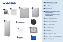Cargar imagen en el visor de la galería, filterConfiguration = {
colors: ['Stainless Steel', 'Matte Black', 'Matte White'],
sizes: ['30', '36']
}

accessibilityContent = 'Photo of WM-530-BASE inclusions. What's Included?: Bag of Screws, User Manual, x2 Aluminum Mesh Filters (30-inch)/x3 Aluminum Mesh Filters (36-inch), Lower Chimney Cover, Upper Chimney Cover, Chimney Bracket, Charcoal Filters, Grease Cup, Aluminum Foil Tape, Top 6" Round Exhaust Adapter, Microfiber Cloth'