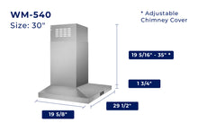 Load image into Gallery viewer, Dimension photo of WM-540 30-inch model. Width: 29-1/2 inches, Depth: 19-5/8 inches, Height of bottom section: 1-3/4 inches, Height of chimney with adjustable cover: 19-5/16 to 35 inches