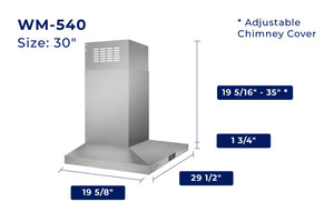 Dimension photo of WM-540 30-inch model. Width: 29-1/2 inches, Depth: 19-5/8 inches, Height of bottom section: 1-3/4 inches, Height of chimney with adjustable cover: 19-5/16 to 35 inches