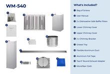 Load image into Gallery viewer, filterConfiguration = {
colors: ['Stainless Steel'],
sizes: ['30']
}

accessibilityContent = 'Photo of WM-540 inclusions. What's Included?: Bag of Screws, User Manual, x2 Dishwasher-Safe Baffle Filters, Lower Chimney Cover, Upper Chimney Cover, x2 Chimney Bracket, Grease Tray, Flexible Aluminum Duct, Aluminum Foil Tape, Top 6" Round Exhaust Adapter, Microfiber Cloth'