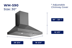 Dimension photo of WM-590 30-inch model. Width: 29-3/4 inches, Depth: 19-3/4 inches, Height of bottom section: 12-1/2 inches, Height of chimney with adjustable cover: 19 to 33 inches