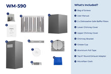 Load image into Gallery viewer, filterConfiguration = {
colors: ['Black Stainless Steel'],
sizes: ['30']
}

accessibilityContent = 'Photo of WM-590 inclusions. What's Included?: Bag of Screws, User Manual, x2 Dishwasher-Safe Baffle Filters, Lower Chimney Cover, Upper Chimney Cover, Chimney Bracket, Grease Cup, Aluminum Foil Tape, Top 6" Round Exhaust Adapter, Microfiber Cloth'