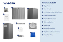 Load image into Gallery viewer, filterConfiguration = {
colors: ['Black Stainless Steel'],
sizes: ['30']
}

accessibilityContent = 'Photo of WM-590 inclusions. What's Included?: Bag of Screws, User Manual, x2 Dishwasher-Safe Baffle Filters, Lower Chimney Cover, Upper Chimney Cover, Chimney Bracket, Grease Cup, Aluminum Foil Tape, Top 6" Round Exhaust Adapter, Microfiber Cloth'