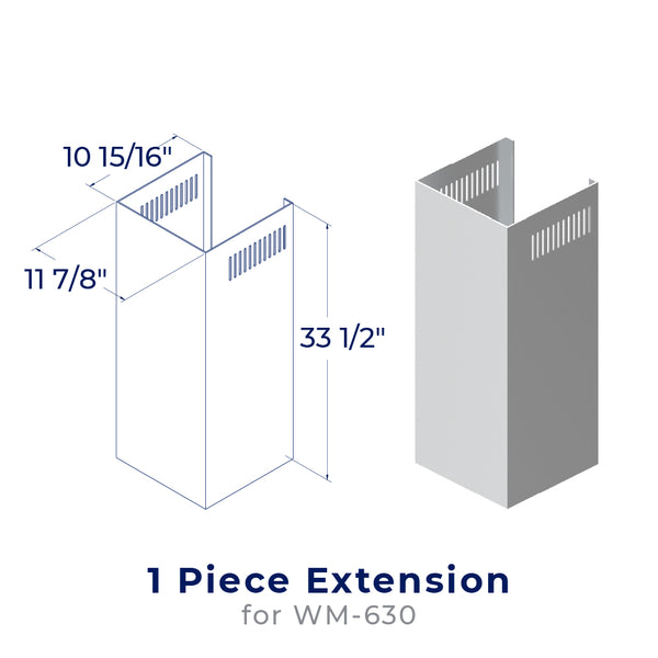 accessibilityContent = "Dimension photo of CHE007 Chimney Extension for WM-630. Width: 11-7/8 inches, Depth: 10-15/16 inches, Height: 33-1/2 inches."