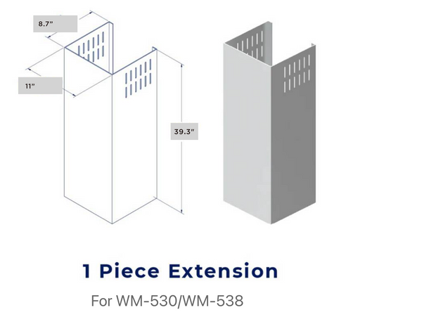 accessibilityContent = "Dimension photo of CHE001 Chimney Extension for WM-530/WM-538. Width: 11 inches, Depth: 8.7 inches, Height: 39.3 inches."