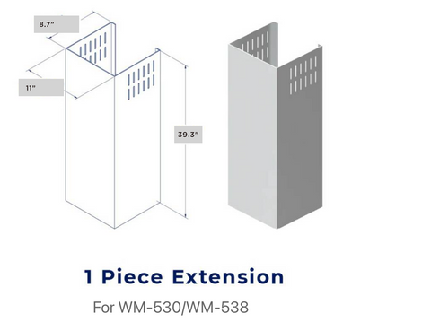 Dimension photo of Chimney Extension for WM-530/WM-538. Width: 11 inches, Depth: 8.7 inches, Height: 39.3 inches.