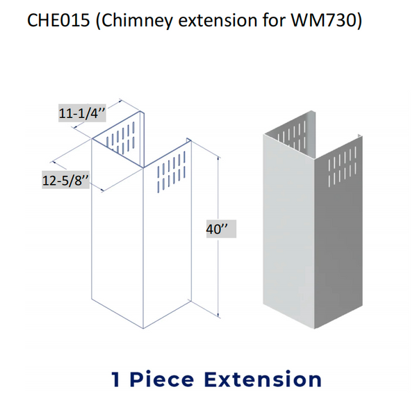 accessibilityContent = "Dimension photo of CHE015 Chimney Extension for WM-730. Width: 12-5/8 inches, Depth: 11-1/4 inches, Height: 40 inches."