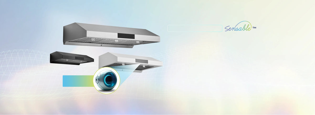 UC-PS19 under-cabinet range hoods in stainless steel, matte black and matte white, with the built-in HauSMART AI sensor.