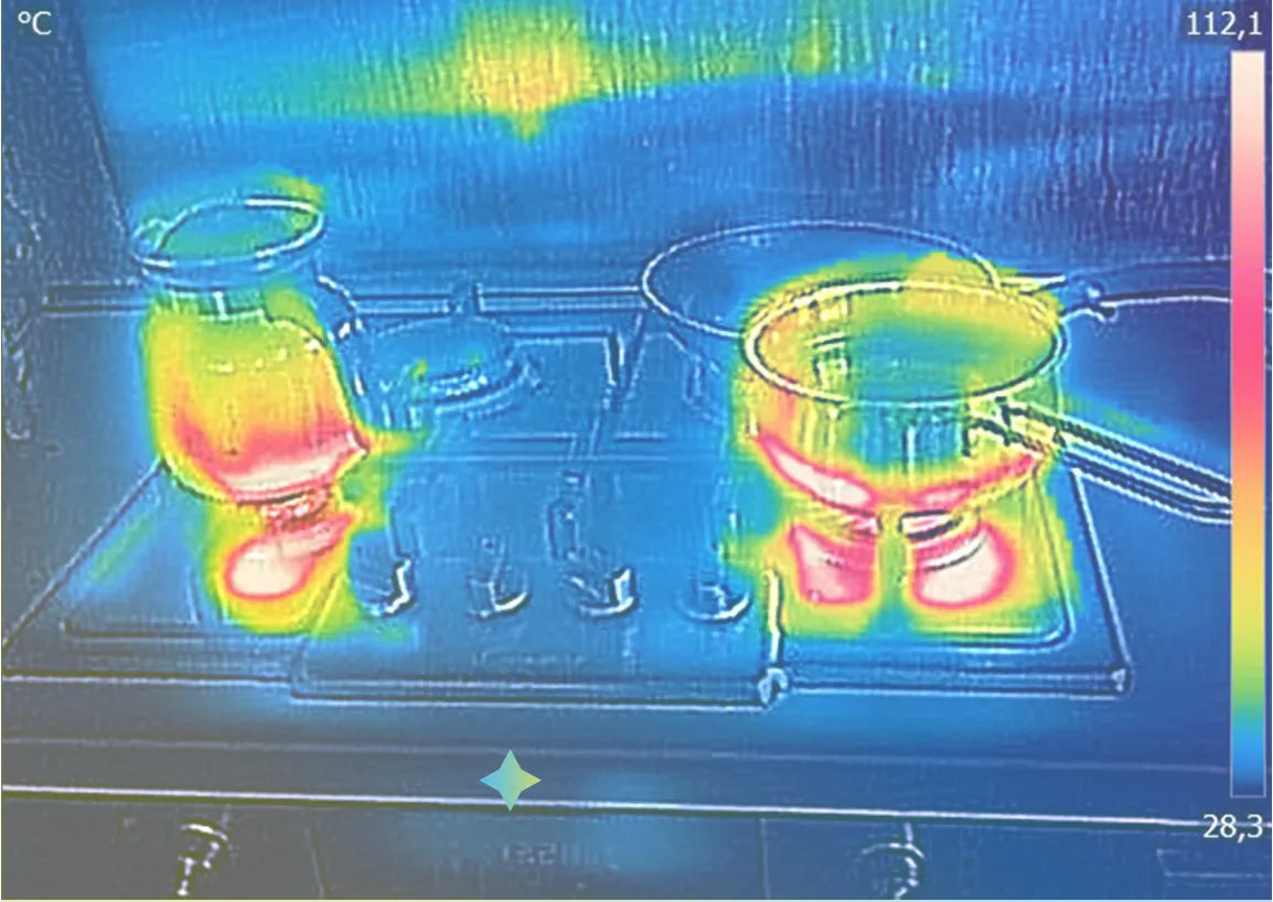 Thermal camera view of two pans cooking on a stovetop.