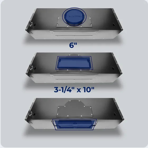 Three venting adapters: 6-inch round top, 3-1/4 by 10-inch rectangular top, and 3-1/4 by 10-inch rectangular rear.