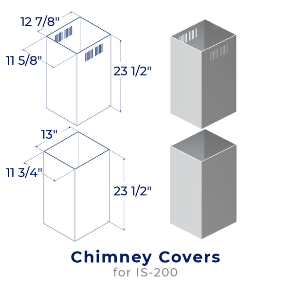 accessibilityContent = "Dimension photo of CHK006 Chimney Cover Kit for IS-200. First piece - Width: 11-5/8 inches, Depth: 12-7/8 inches, Height: 23-1/2 inches. Second piece - Width: 11-3/4 inches, Depth: 13 inches, Height: 23-1/2 inches"