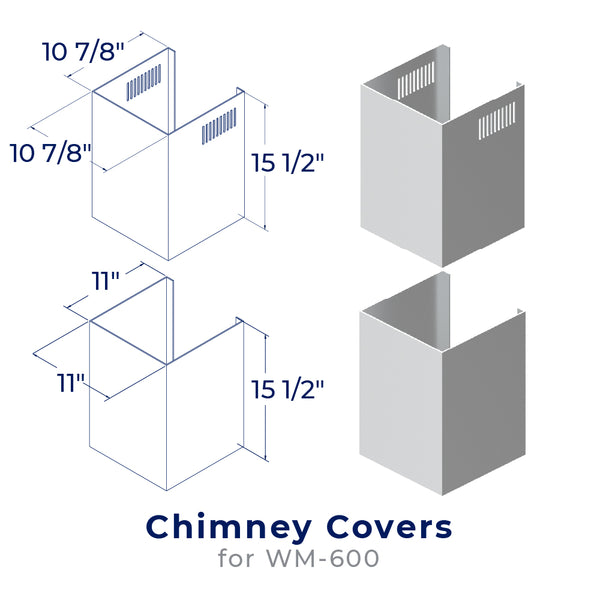 accessibilityContent = "Dimension photo of CHK004 Chimney Cover Kit for WM-600. First piece - Width: 10-7/8 inches, Depth: 10-7/8 inches, Height: 15-1/2 inches. Second piece - Width: 11 inches, Depth: 11 inches, Height: 15-1/2 inches"