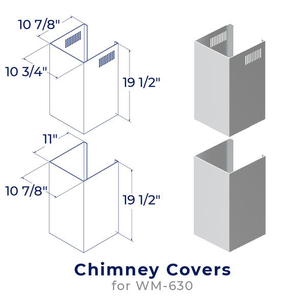 accessibilityContent = "Dimension photo of CHK002 Chimney Cover Kit for WM-630. First piece - Width: 10-3/4 inches, Depth: 10-7/8 inches, Height: 19-1/2 inches. Second piece - Width: 10-7/8 inches, Depth: 11 inches, Height: 19-1/2 inches"